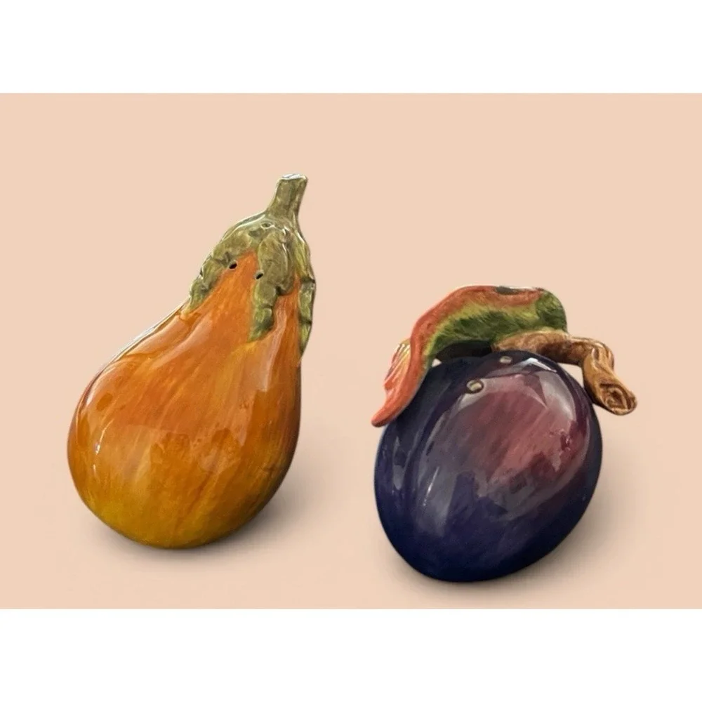 Fitz & Floyd Eggplant And Squash Salt Pepper Shaker Set Multicolor Vintage Leaf